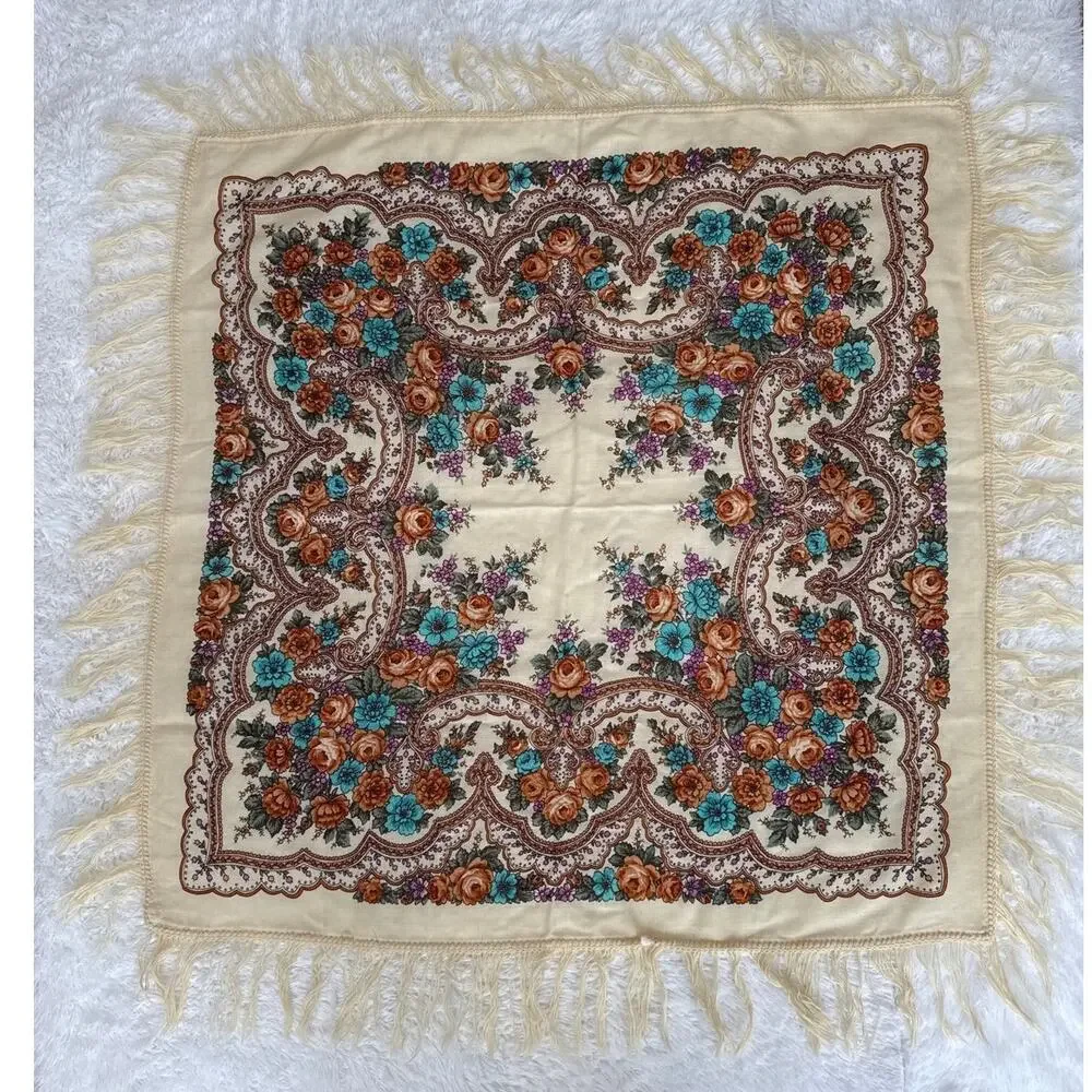 1970s Vintage Floral Hand-Knotted Fringe Shawl Scarf Boho Folk Cotton Wrap